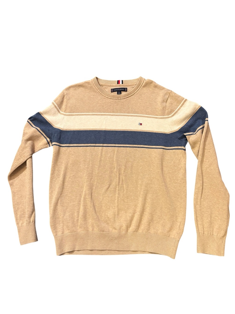 Tommy Hilfiger Beige Crewneck Sweater with Navy and Cream Stripes